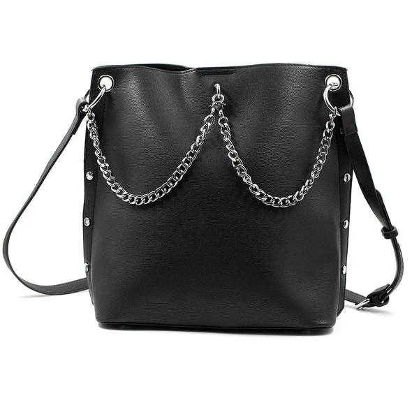 Bag - Tote Bag W/ Double Chain Detail & Pressed Sides Black Sv