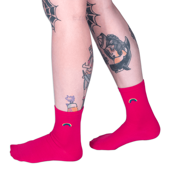 Socks - Calf Socks Pink W/ Rainbow Emb Sv