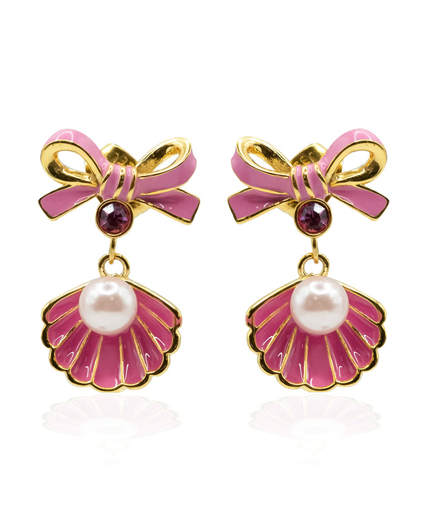 Pink Clam with Pearl Earrings