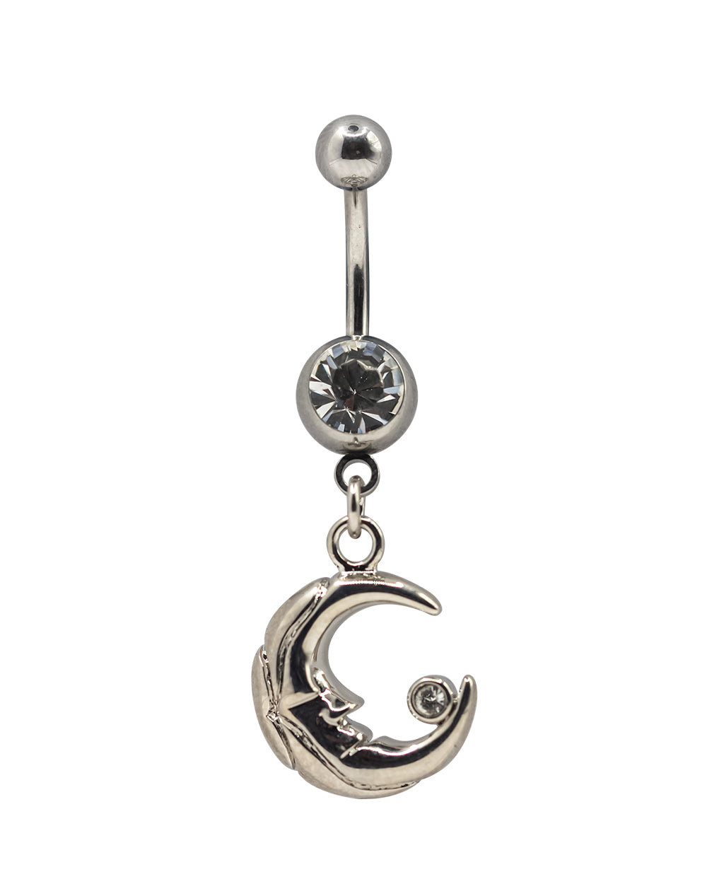 Moon Dangly Silver Navel Bar CZ