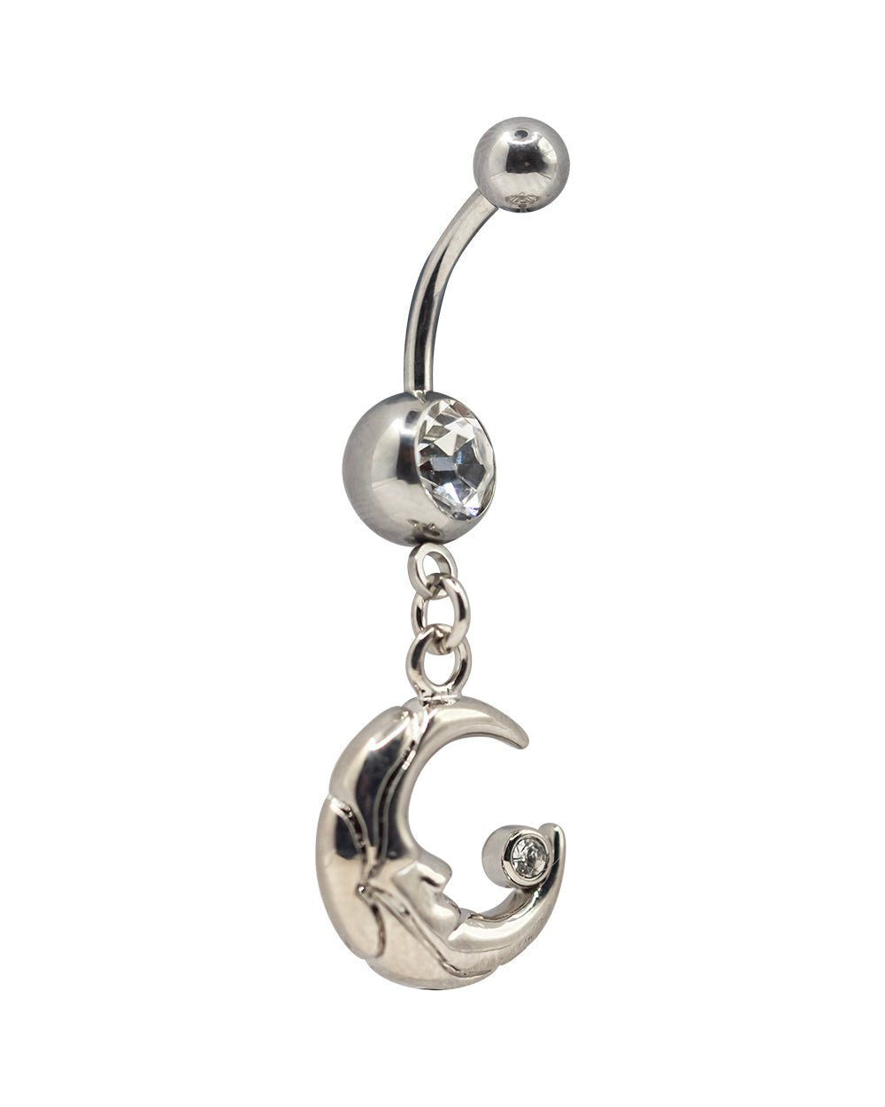Moon Dangly Silver Navel Bar CZ