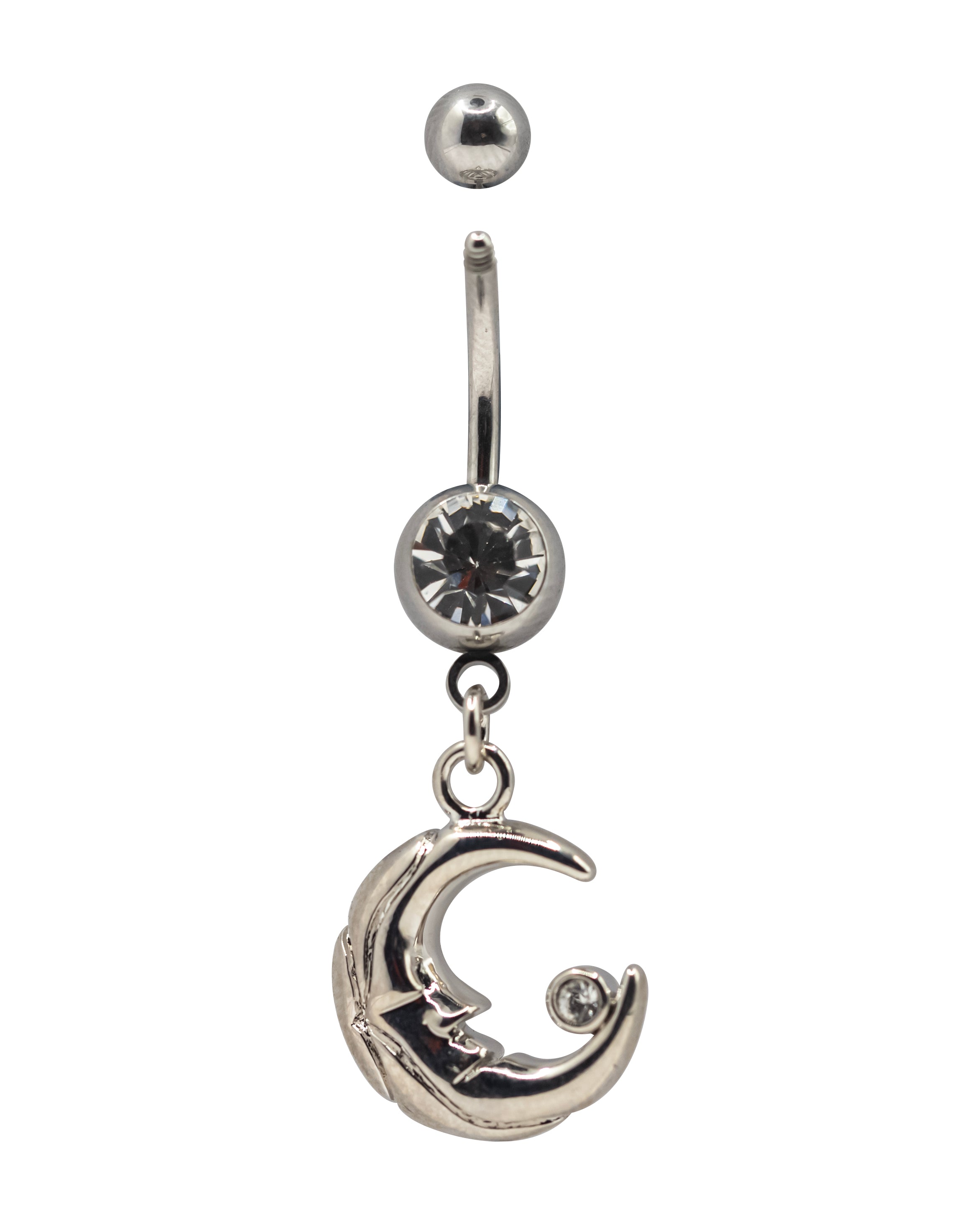 Moon Dangly Silver Navel Bar CZ