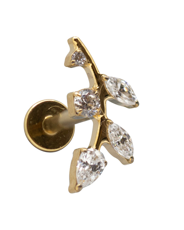 Gold CZ Leaf 14k pvd TI 16g Internal Thread Labret Stud 10mm