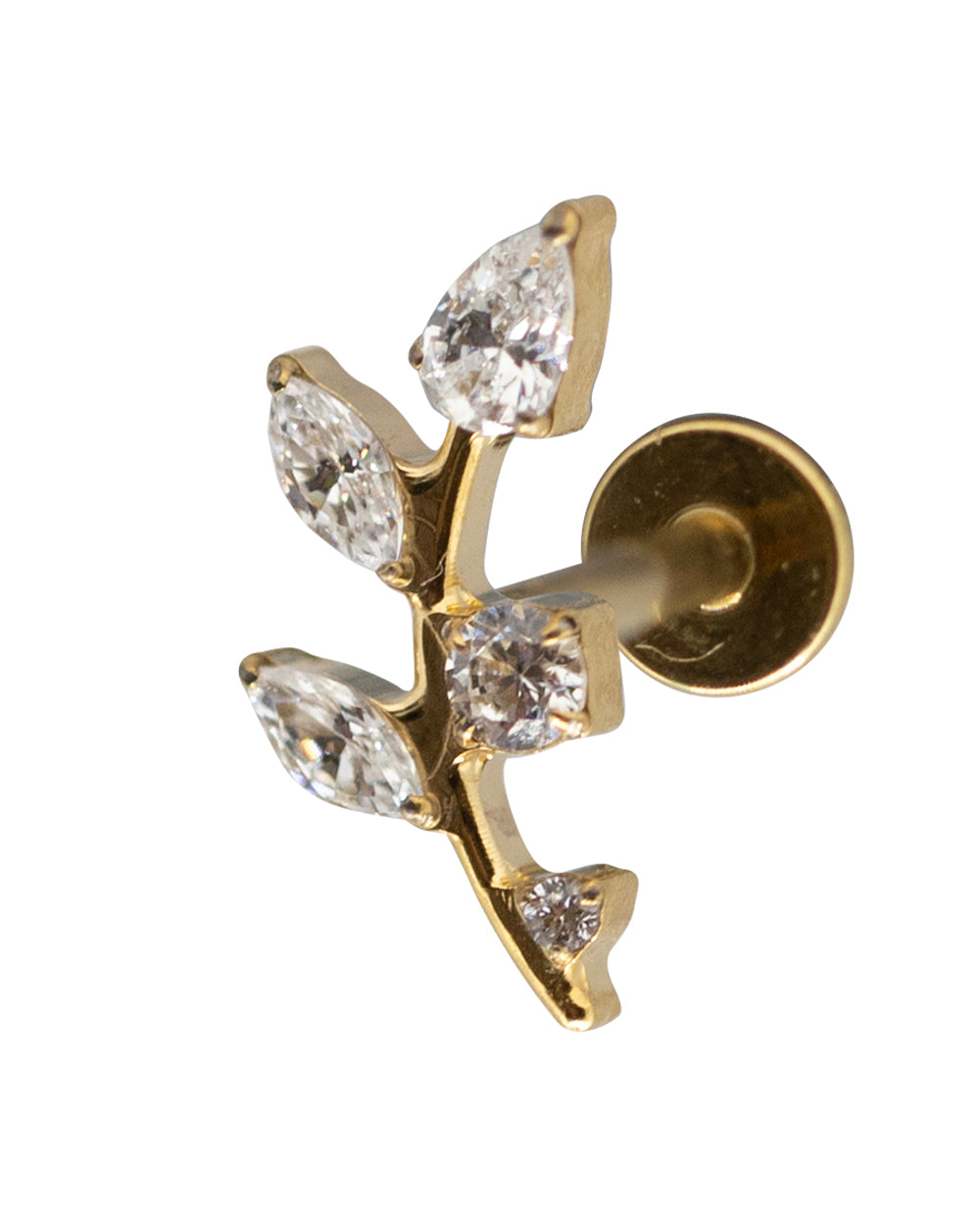 Gold CZ Leaf 14k pvd Titanium 16g Internal Thread Labret Stud