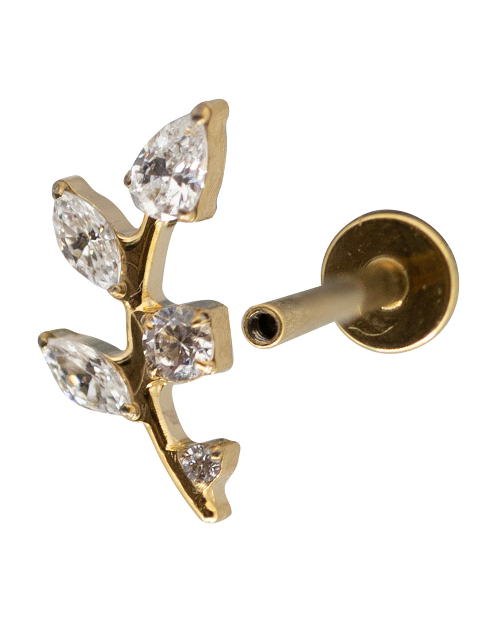 Gold CZ Leaf 14k pvd Titanium 16g Internal Thread Labret Stud