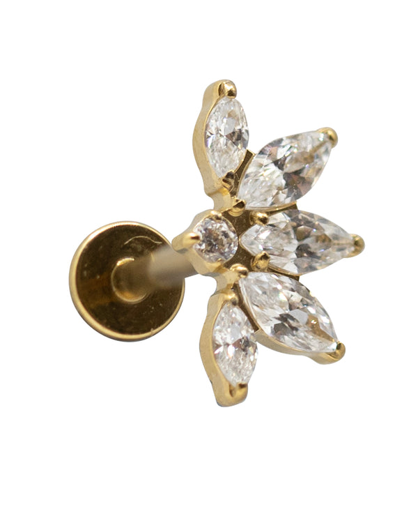 Gold Fan CZ Marquise 14ct pvd TI 16g Internal Thread Labret Stud 10mm