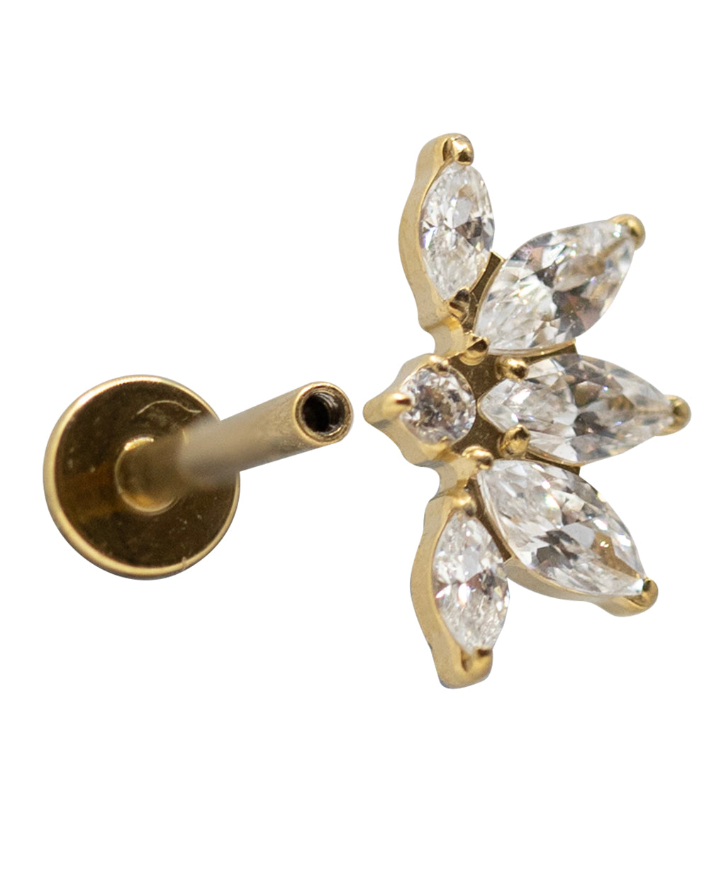 Gold Fan CZ Marquise 14ct pvd Titanium 16g Internal Thread Labret Stud