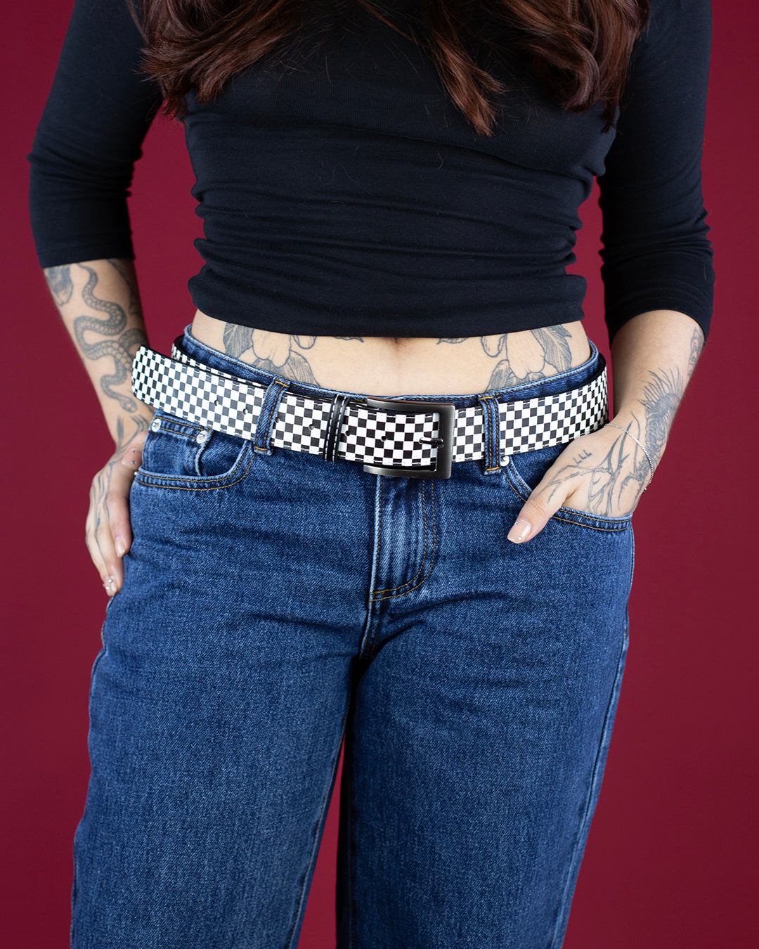 Sweet Vengeance Checkered PU Belt – Cream/Black