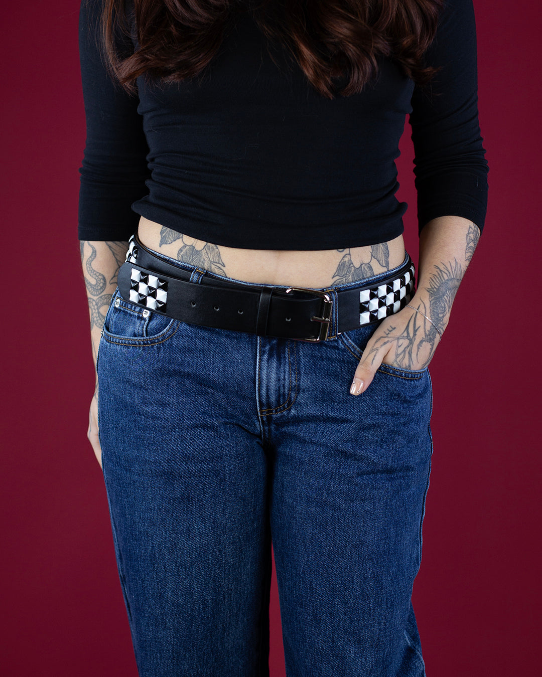 Sweet Vengeance Checkered Studded PU Belt – White/Black
