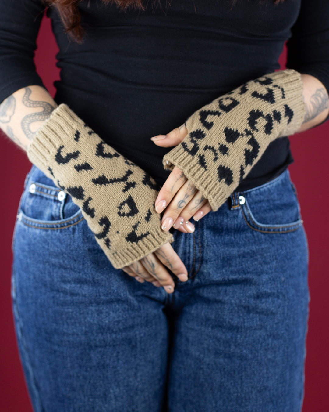 Sweet Vengeance Fingerless Mittens – Animal Print Tan/Black