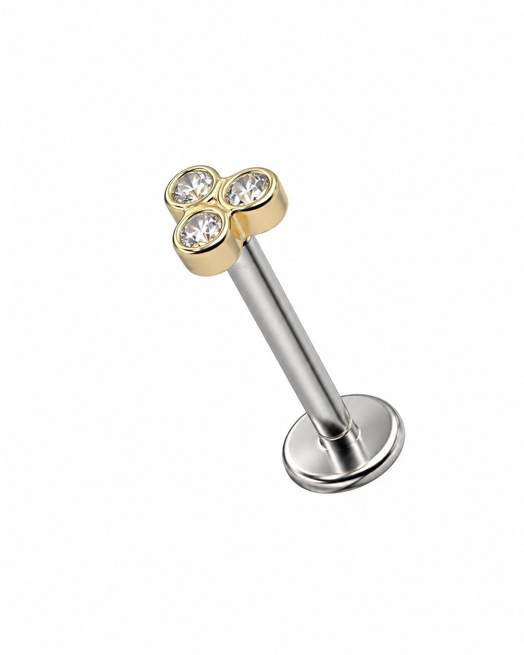 14k Solid Gold Jewelled Trinity Stud (includes Titanium Internal Thread Backing)