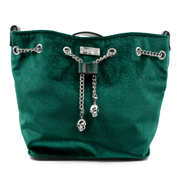 Bag - Green Velvet Bucket Bag W/ Chain & Skull Details Sv