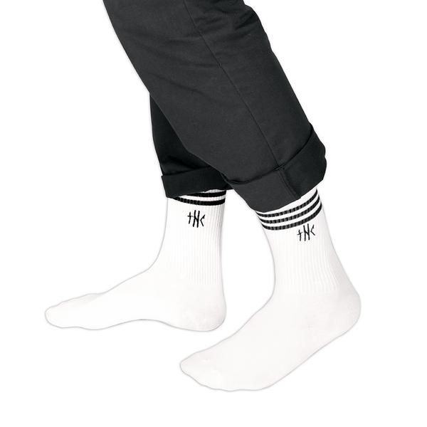 Socks - Calf High Tube Socks Thc Embroidery White W/ Black Stripe