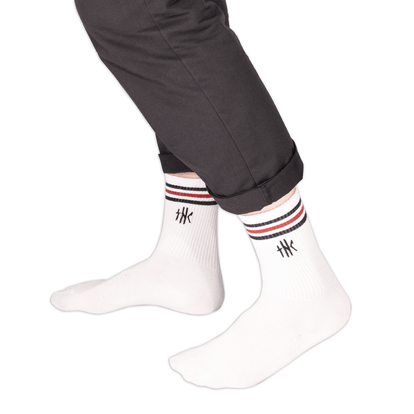 Socks - Calf High Tube Socks Thc Embroidery White W/ Red/Blue Stripe