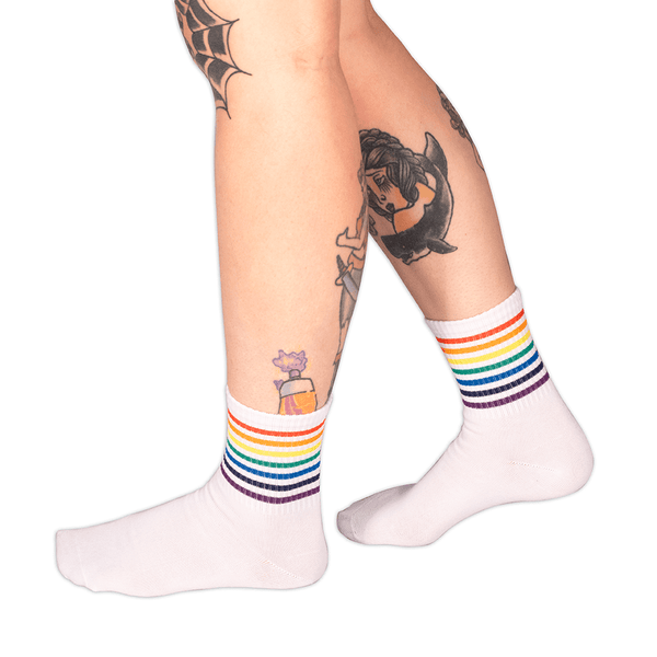 Socks - White Crew Tube Socks W/ Rainbow Stripe Sv