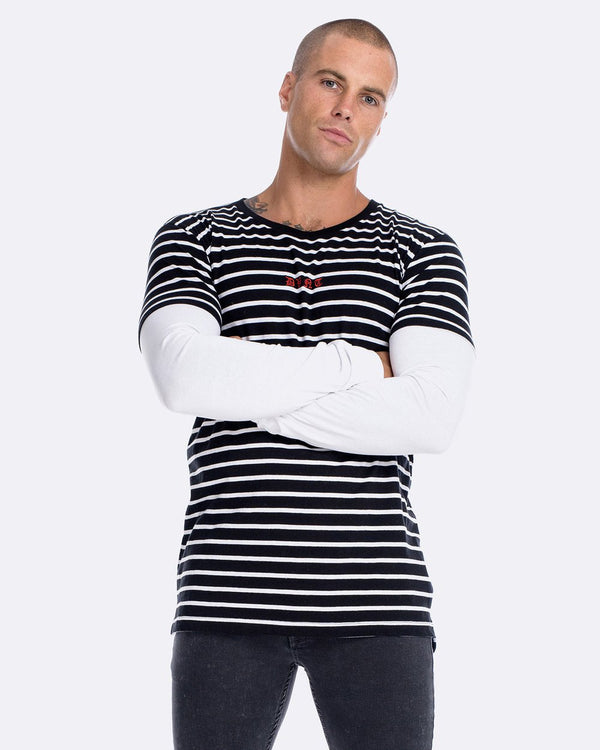 Black & White Stripe Embroidered Logo Long Sleeve T-Shirt